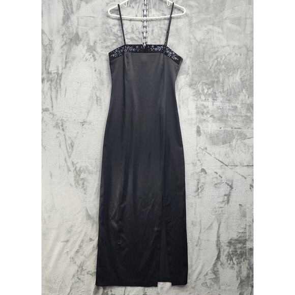 Vintage 90s Rampage Dress Womens 7 Juniors Black Satin Maxi Sheath Gown Formal - Picture 1 of 16